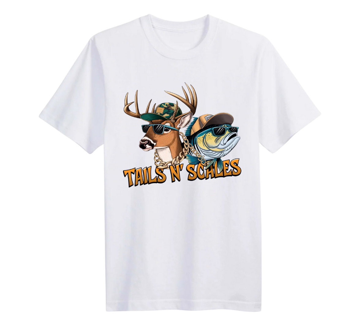 White t-shirt with a graphic of a deer and fish wearing sunglasses and a hat, with 'Tails N' Scales' text.