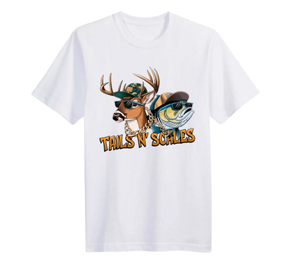 White t-shirt with a graphic of a deer and fish wearing sunglasses and a hat, with 'Tails N' Scales' text.