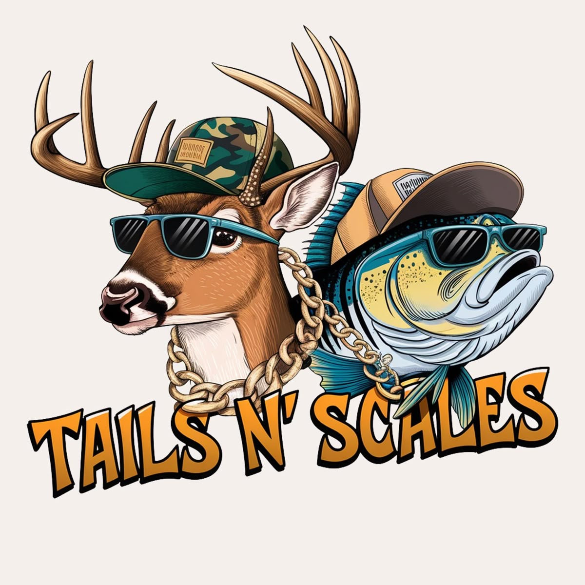 Illustration of a deer and fish wearing sunglasses and hats with 'Tails N' Scales' text.