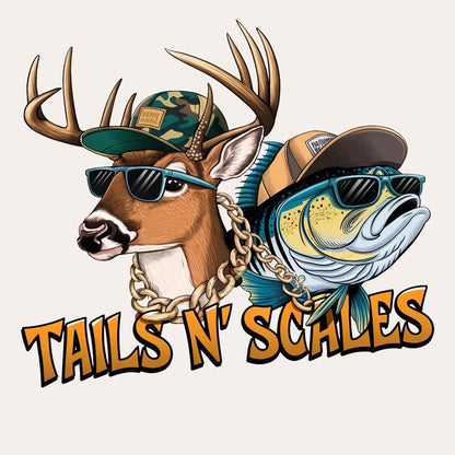 Illustration of a deer and fish wearing sunglasses and hats with 'Tails N' Scales' text.
