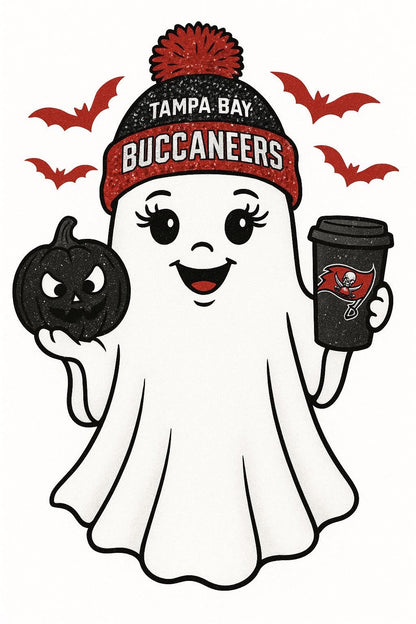 Ghost character wearing a Tampa Bay beanie with Halloween elements on a white background
