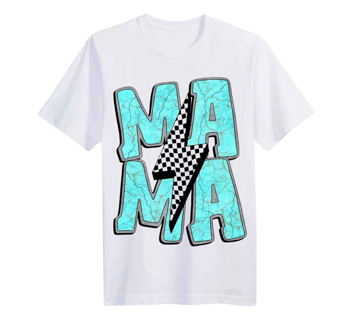 White t-shirt with turquoise 'MAMA' text and checkered pattern on a white background