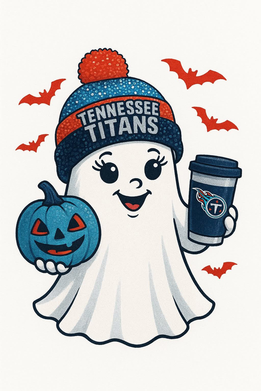 Ghost character wearing a Tennessee beanie with Halloween elements on a white background