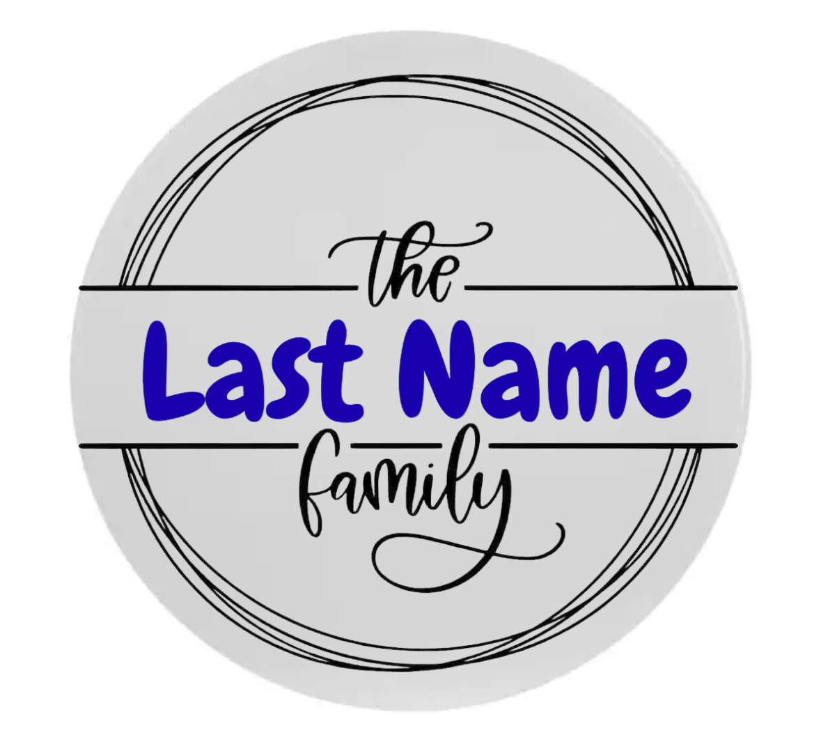 Circular coaster with 'The Last Name Family' text on a white background