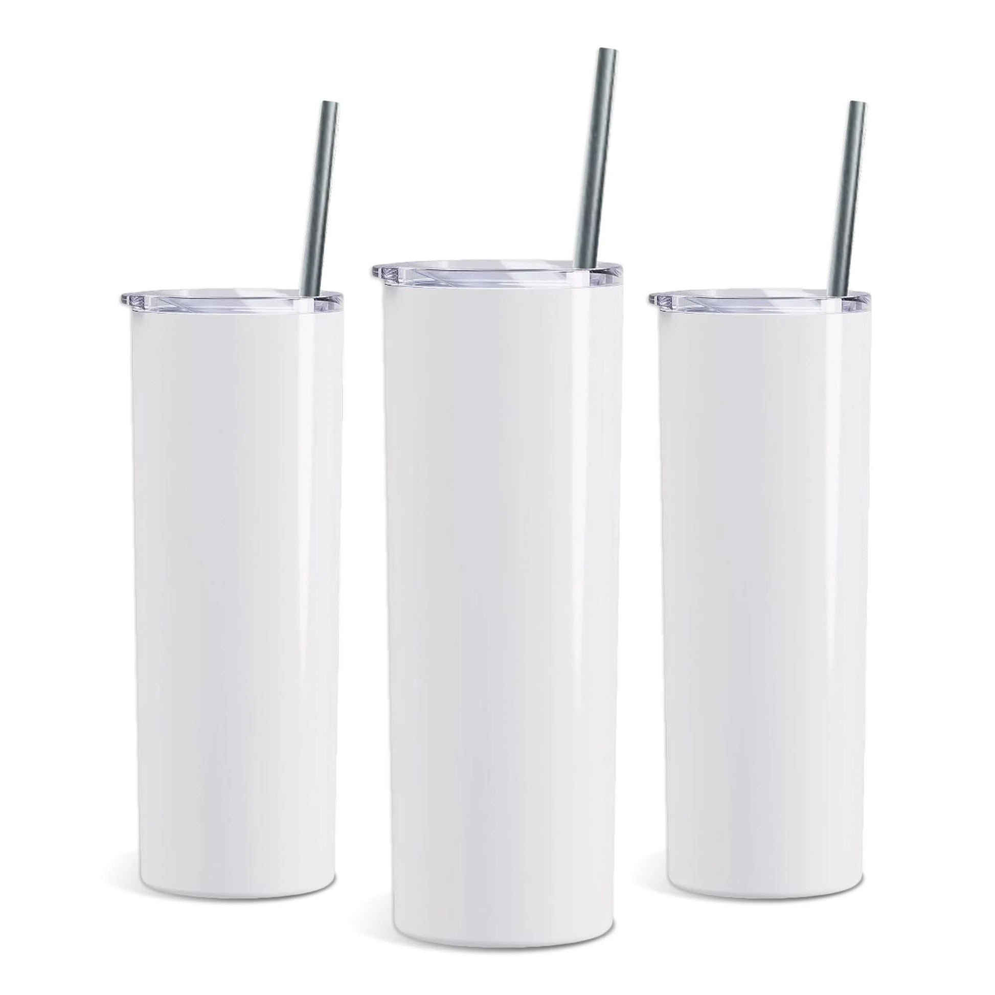 Three white tumblers with straws on a white background