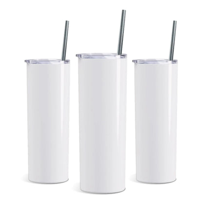Three white tumblers with straws on a white background