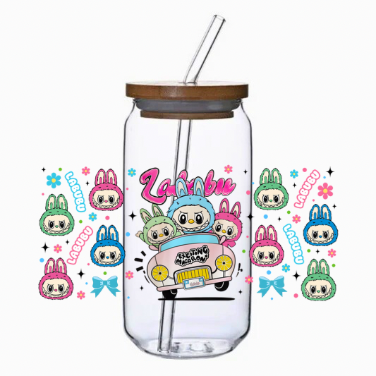 Clear tumbler with Labubu cartoon characters on a white background