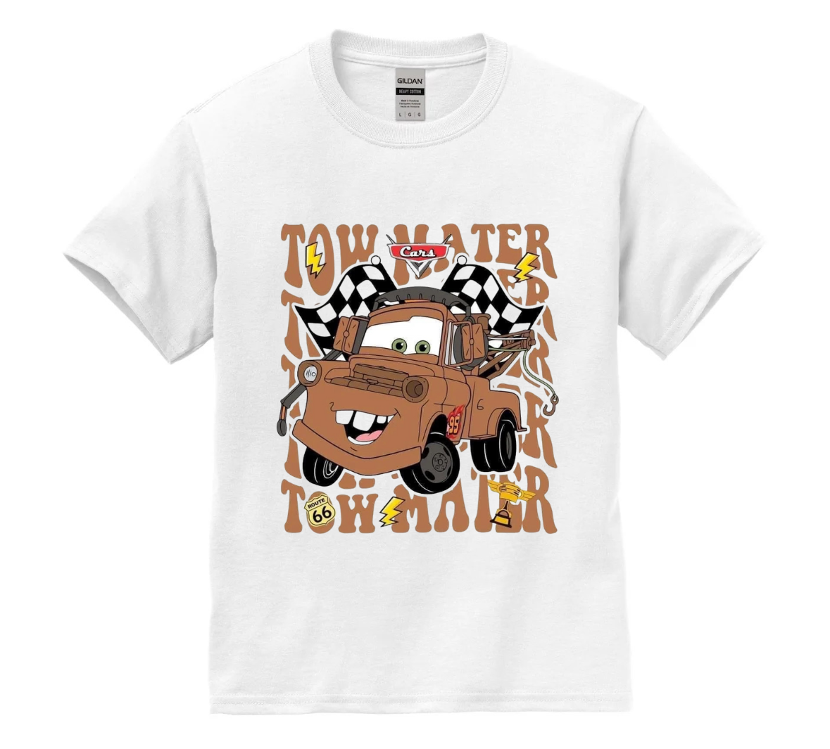 White t-shirt with cartoon tow truck design on a white background