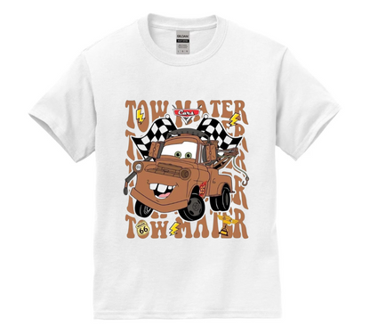 White t-shirt with cartoon tow truck design on a white background