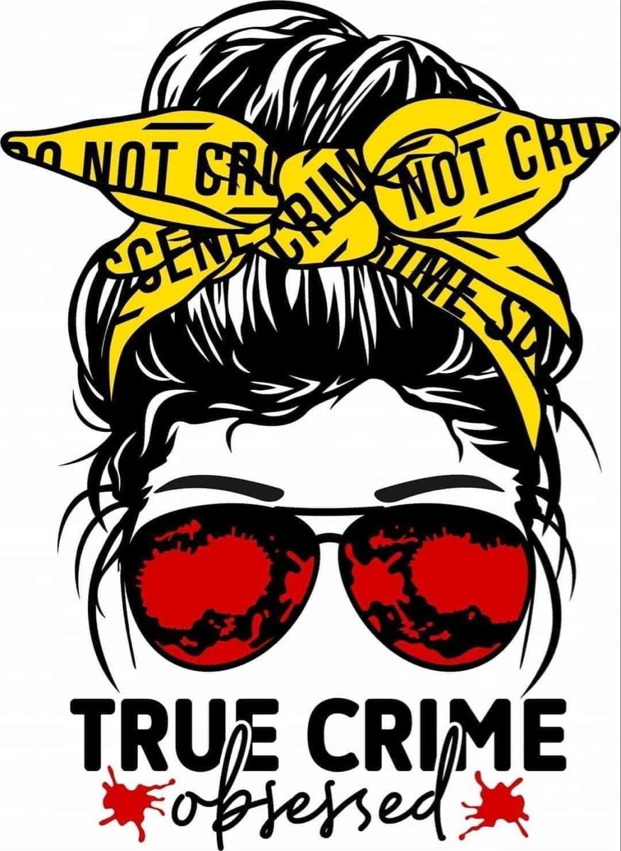 Illustration of a woman with a bandana and sunglasses with 'True Crime Obsessed' text.