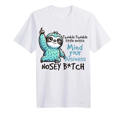 White t-shirt with a sloth graphic and text on a white background