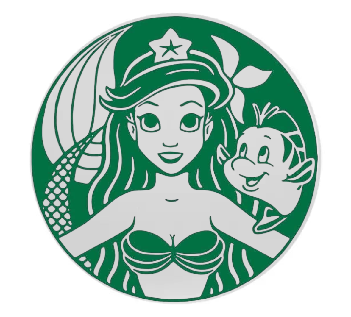Mermaid and fish character on a green and white background