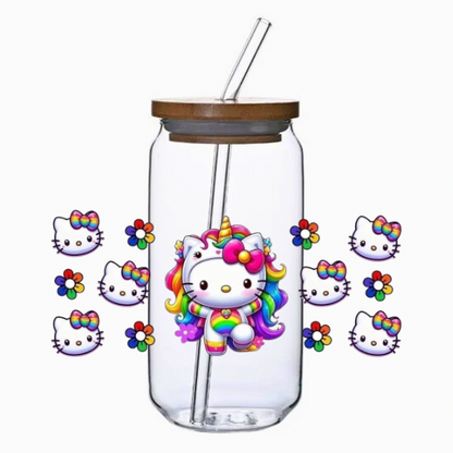 Glass tumbler with a unicorn rainbow kitty design and bamboo lid on a white background.