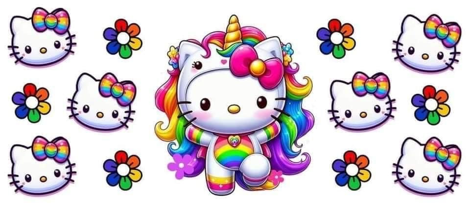 Colorful kitty with unicorn horns and rainbow hair surrounded by flowers and kitty faces.