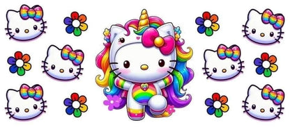 Colorful kitty with unicorn horns and rainbow hair surrounded by flowers and kitty faces.