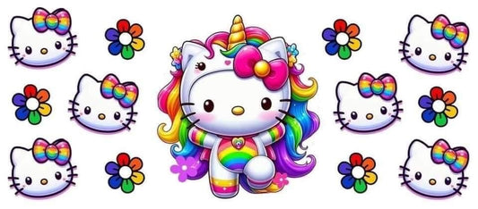 Colorful kitty with unicorn horns and rainbow hair surrounded by flowers and kitty faces.