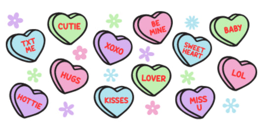 A collection of colorful heart-shaped decals with various affectionate words written on them, such as 'CUTE', 'HUGS', 'Kisses', 'LOVER', 'BABY', 'LOL', and 'Hottie'.