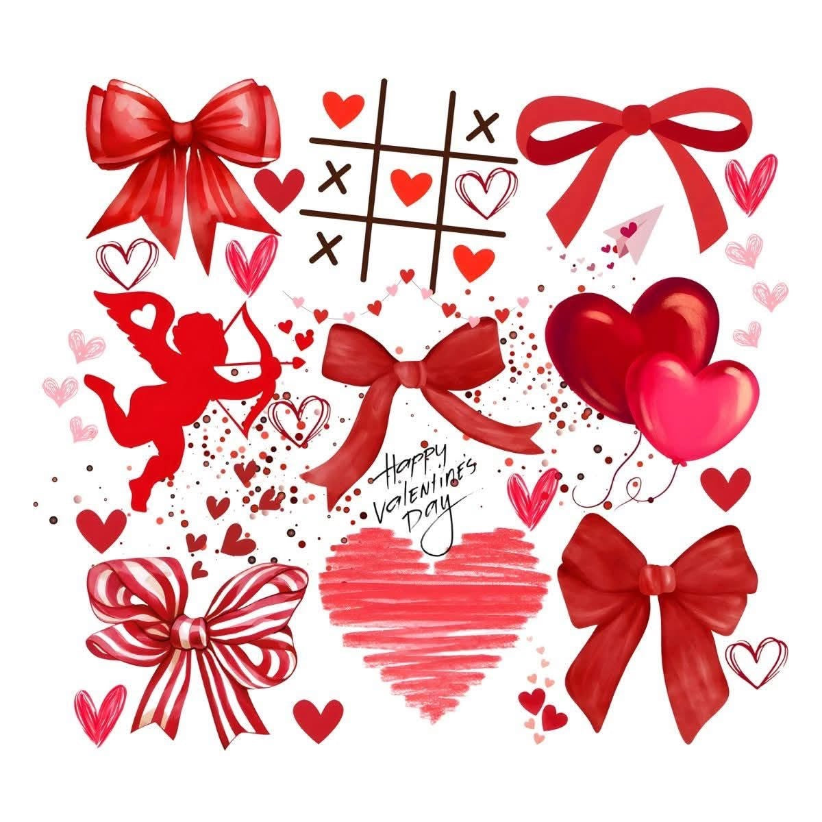 Valentine's Day-themed design with red bows, hearts, and a tic-tac-toe game.