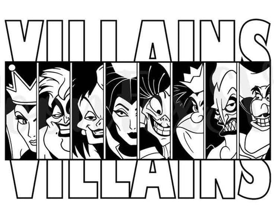 Black and white illustration of various villains with the word 'VILLAINS' above them.