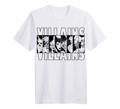 White t-shirt with black and white graphic design of villains and the word 'Villains' on a white background