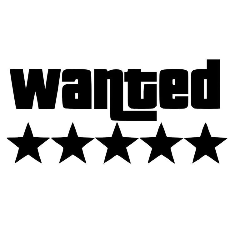 Black 'wanted' text with five stars on a white background