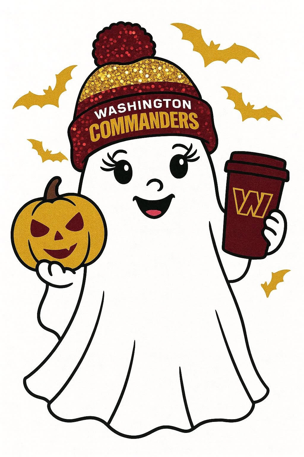 Ghost character wearing a Washington beanie with pumpkins and a coffee cup on a white background