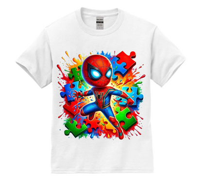 White t-shirt with a colorful Spider Dude design on a white background