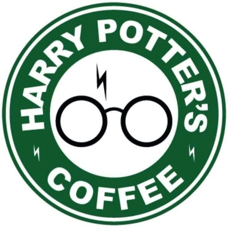 Wizard themed coffee design with green border and black glasses icon.