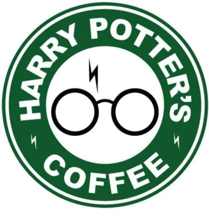 Wizard themed coffee design with green border and black glasses icon.