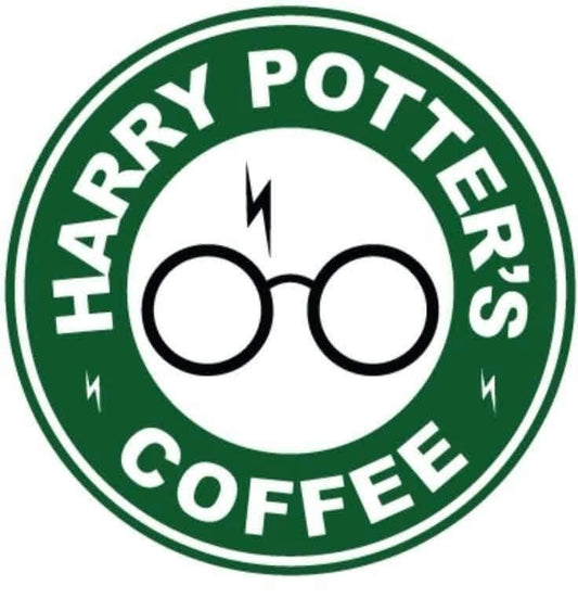 Wizard themed coffee design with green border and black glasses icon.