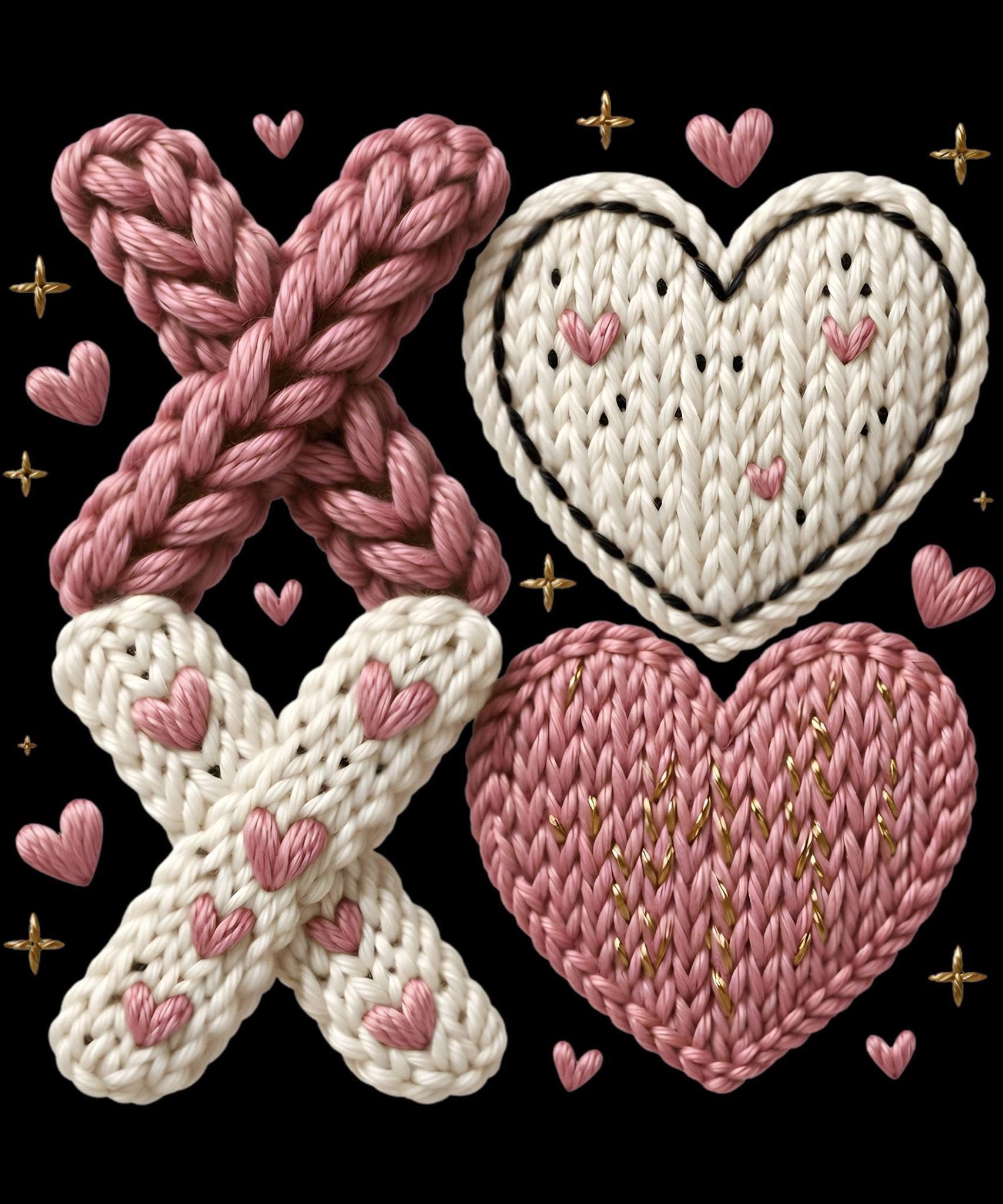 Knitted 'XO' design with hearts on a transparent background