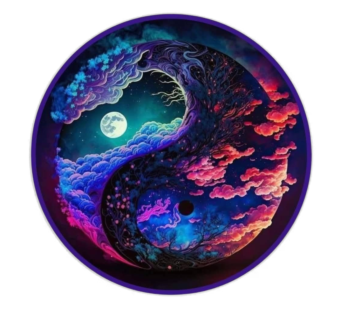 Yin yang symbol coaster with cosmic elements on a white background