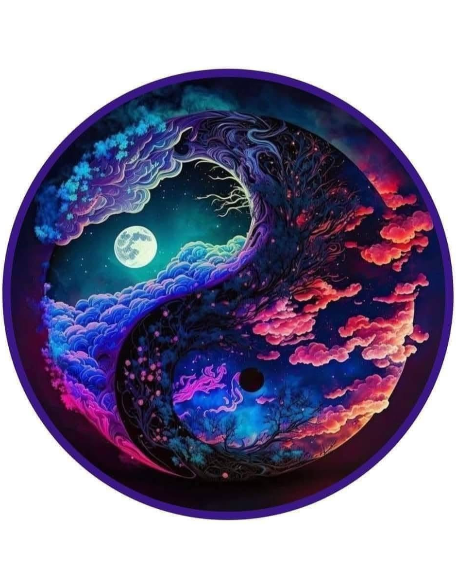 Yin yang symbol with colorful cloud and moon design on a white background