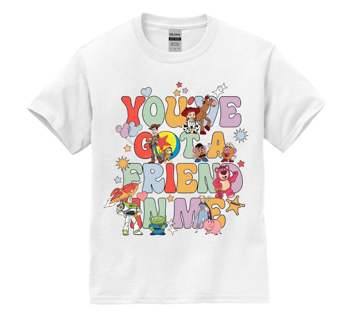 White t-shirt with colorful text and cartoon characters on a white background