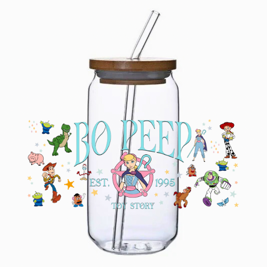 Clear tumbler with your favorite shepherdess surrounded by cartoon characters on a white background