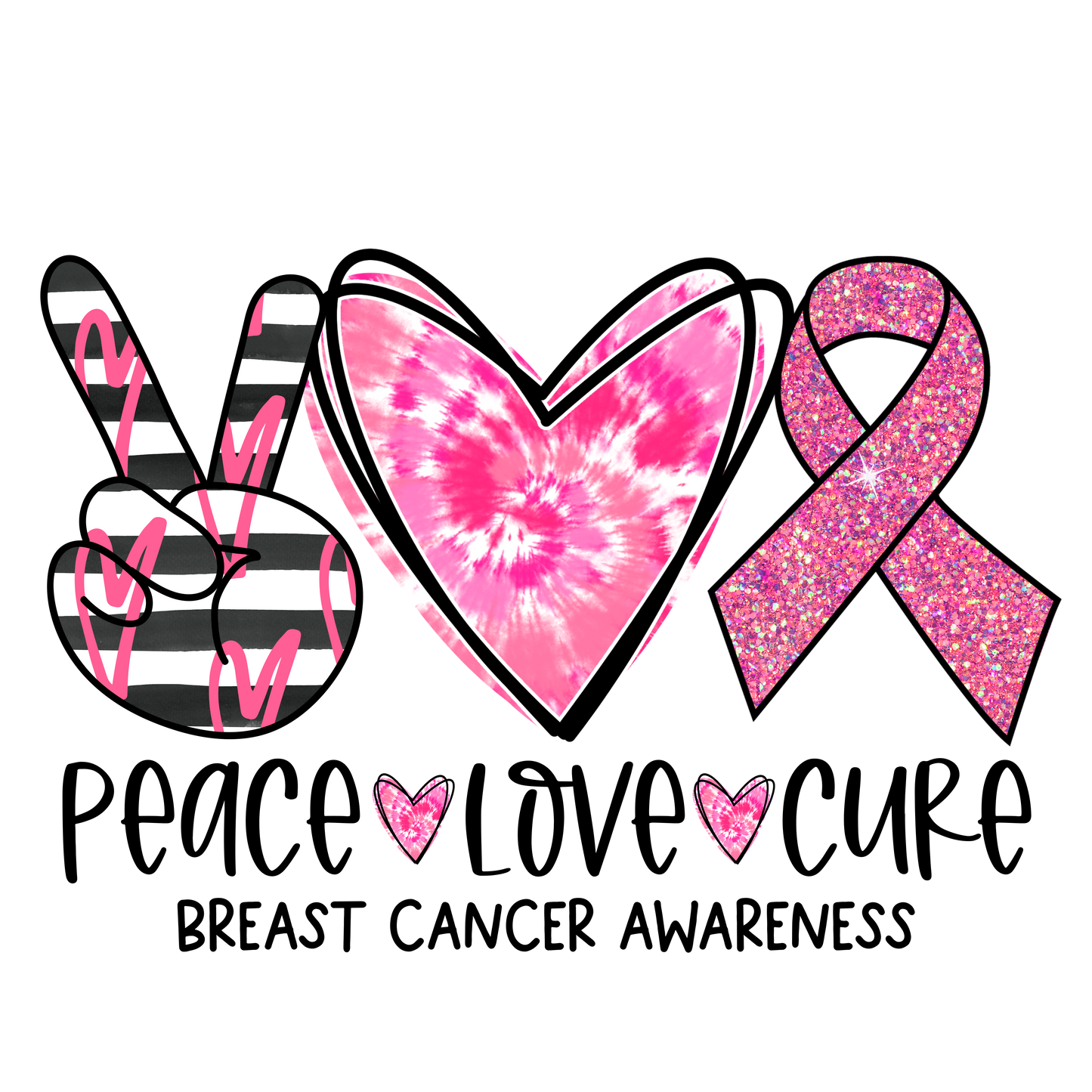Breast cancer awareness design with peace sign, heart, and pink ribbon on a white background