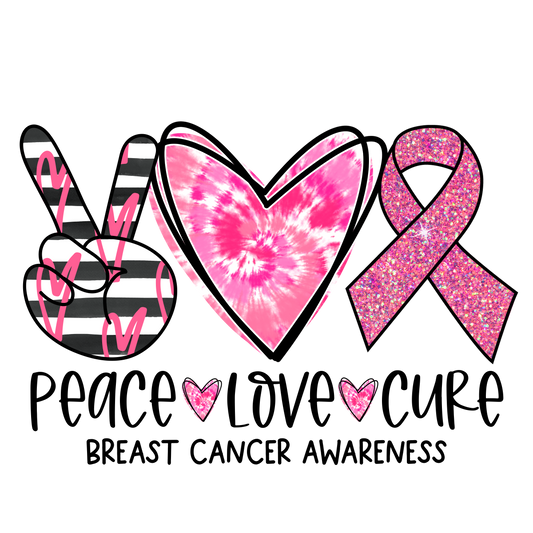 Breast cancer awareness design with peace sign, heart, and pink ribbon on a white background